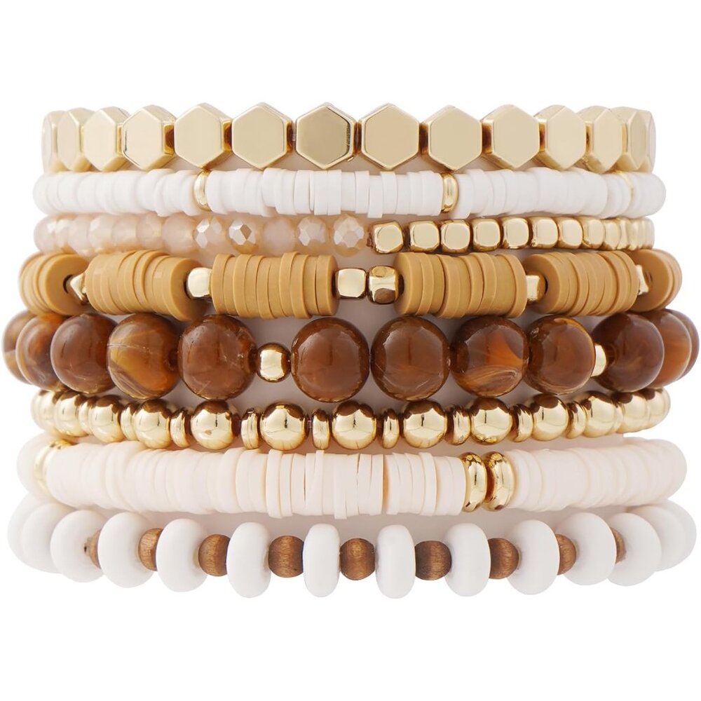 Surfer Heishi Clay Bead Bracelets for Women Bohemian Stackable Gold Plated Beade
